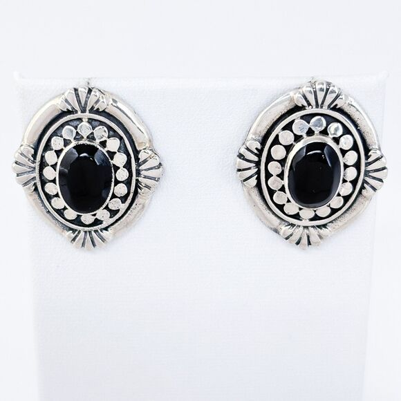 Vintage Southwest Sterling Silver 925 Ornate Black Onyx Earrings - Picture 2 of 6